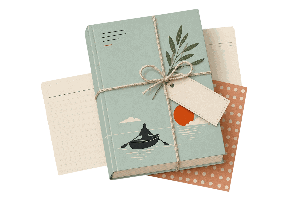 Lifehacktics book tied with twine, an olive branch and a kraft tag, sitting on letter paper